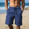 Men's Solid Cotton And Linen Elastic Waist Multi-pocket Straight Casual Shorts 73783384Z sold by Manly