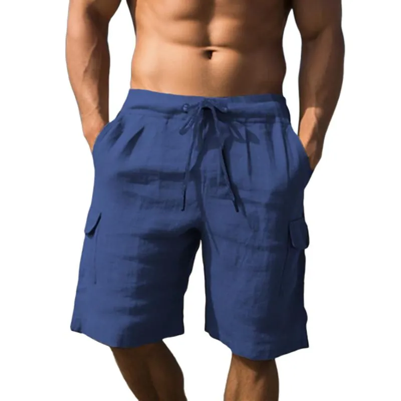 Men's Solid Cotton And Linen Elastic Waist Multi-pocket Straight Casual Shorts 73783384Z sold by Manly