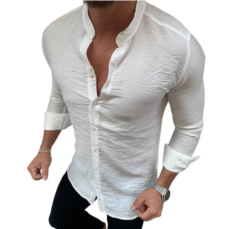 Men's Retro Casual Solid Color Stand Collar Long Sleeve Shirt 71764132TO sold by Manly