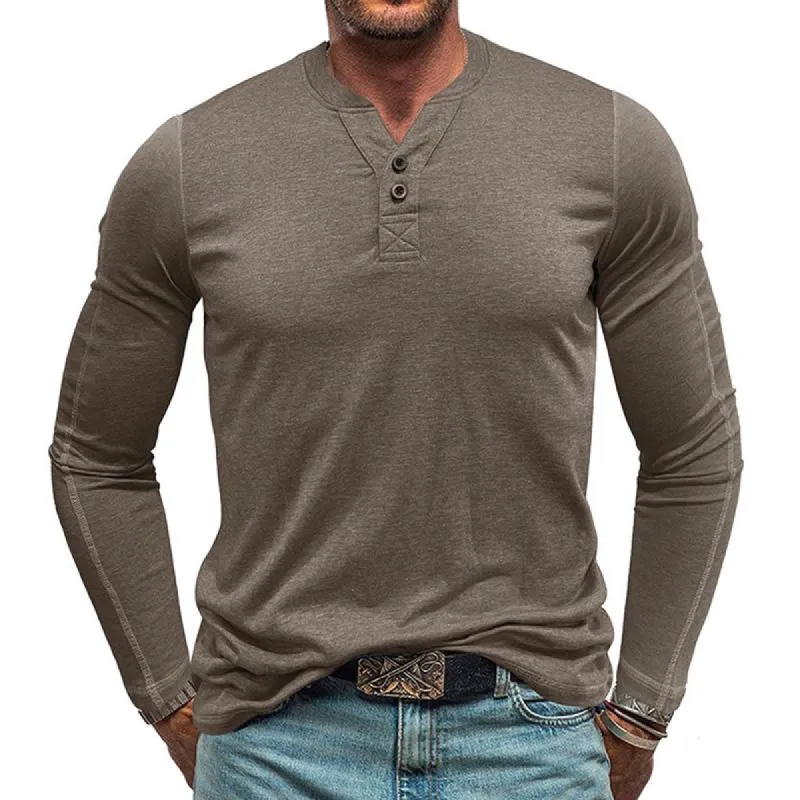Men's Solid Henley Collar Long Sleeve T-shirt 42877143Z sold by Manly