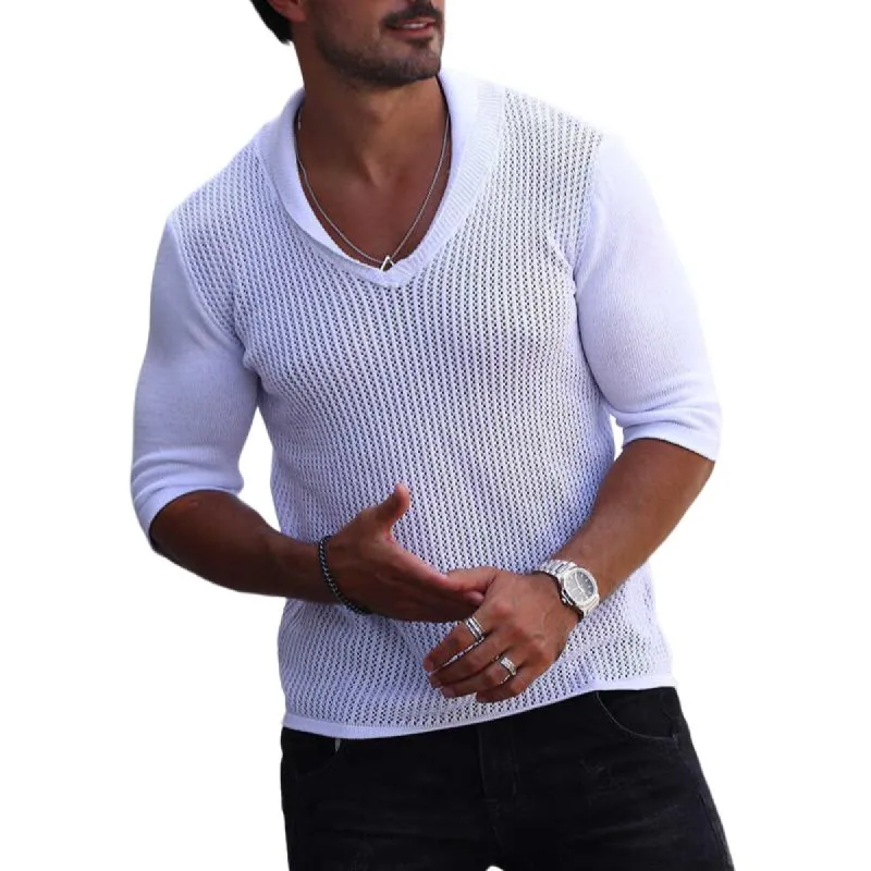 Men's Knitted Hollow Thin V-Neck Slim Fit Mid-Sleeve Pullover 22331765Y sold by Manly
