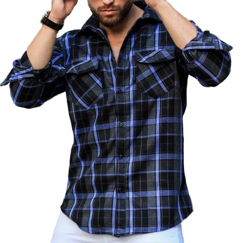 Men's Plaid Breast Pocket Lapel Long Sleeve Shirt 65719465Z sold by Manly