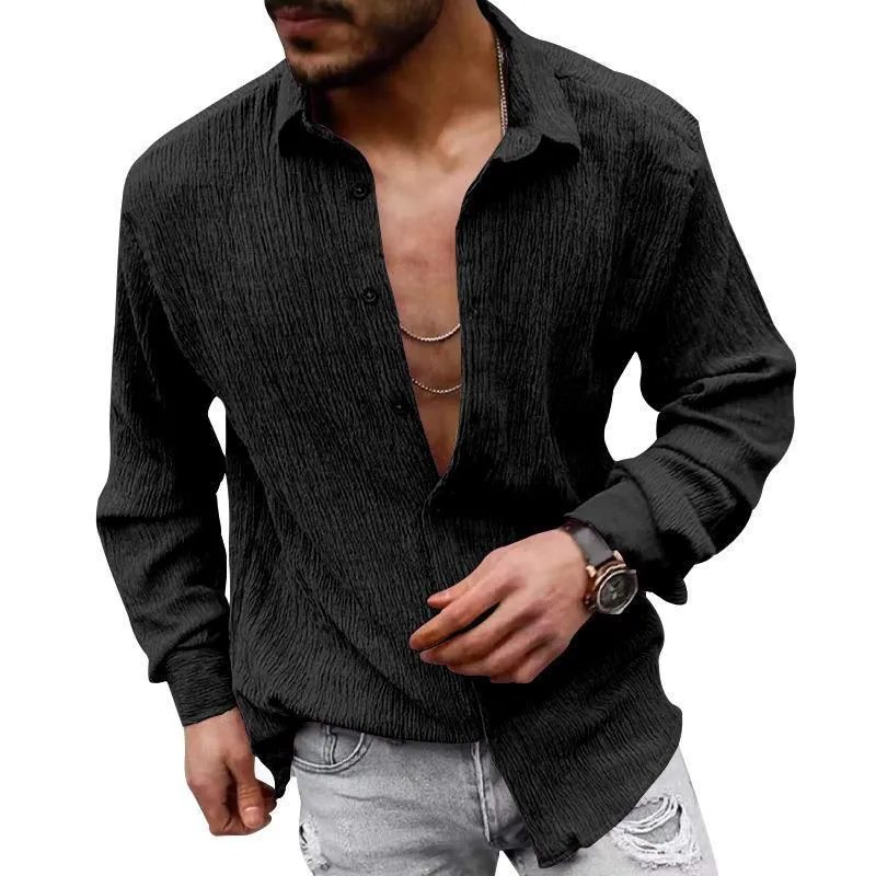 Men's Solid Loose Linen Lapel Long Sleeve Shirt 01526129Z sold by Manly