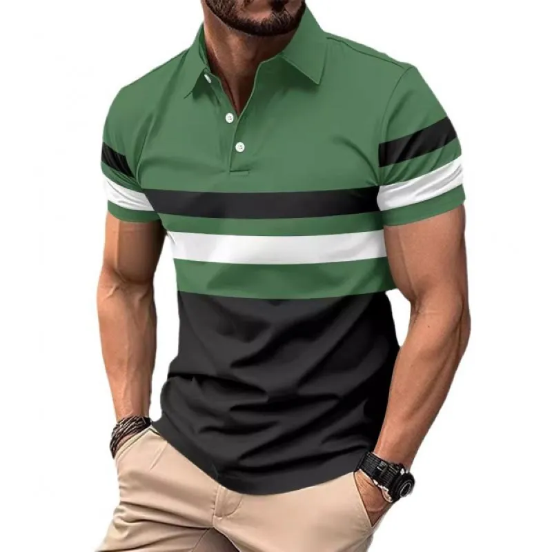Men's Colorblock Striped Lapel Short Sleeve Polo Shirt 22257555Z sold by Manly