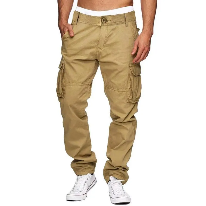 Men's Solid Cotton Loose Multi-pocket Straight Cargo Pants 46899465Z sold by Manly