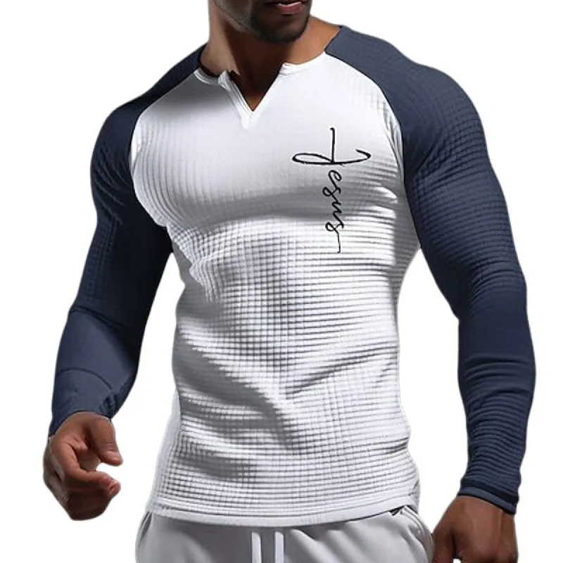 Men's Colorblock V-neck Loose Long Sleeve T-shirt 58390613X sold by Manly