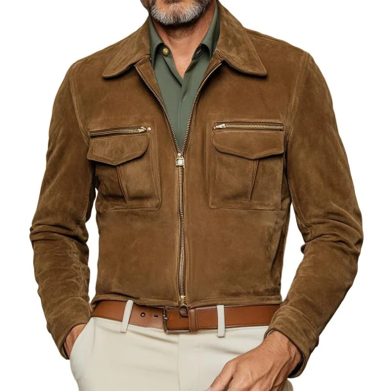 Men's Fashion Suede Lapel Zip Decor Chest Pocket Cargo Jacket 94403538Z sold by Manly