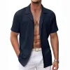 Men's Casual Solid Color Striped Short Sleeve Lapel Shirt 31319945Y sold by Manly