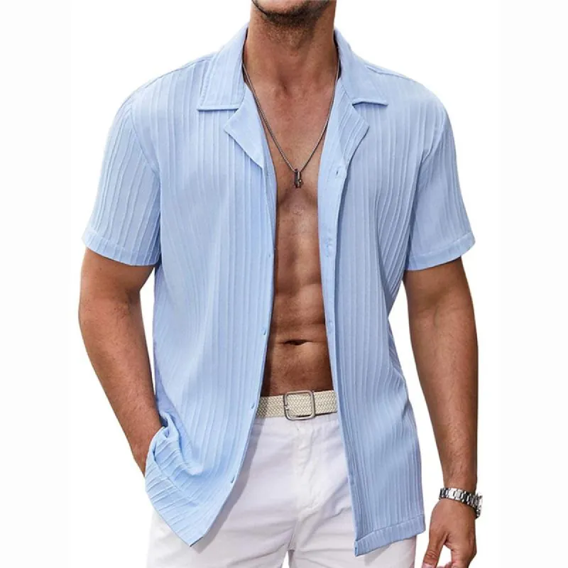 Men's Casual Solid Color Striped Short Sleeve Lapel Shirt 31319945Y sold by Manly