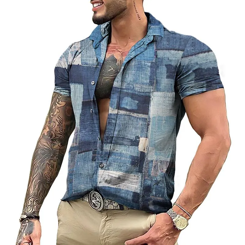 Men's Retro Color Block Lapel Short Sleeve Shirt 53118064TO sold by Manly