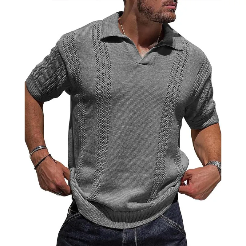 Men's Casual V-Neck Breathable Jacquard Knit Short Sleeve Polo Shirt 86670392M sold by Manly