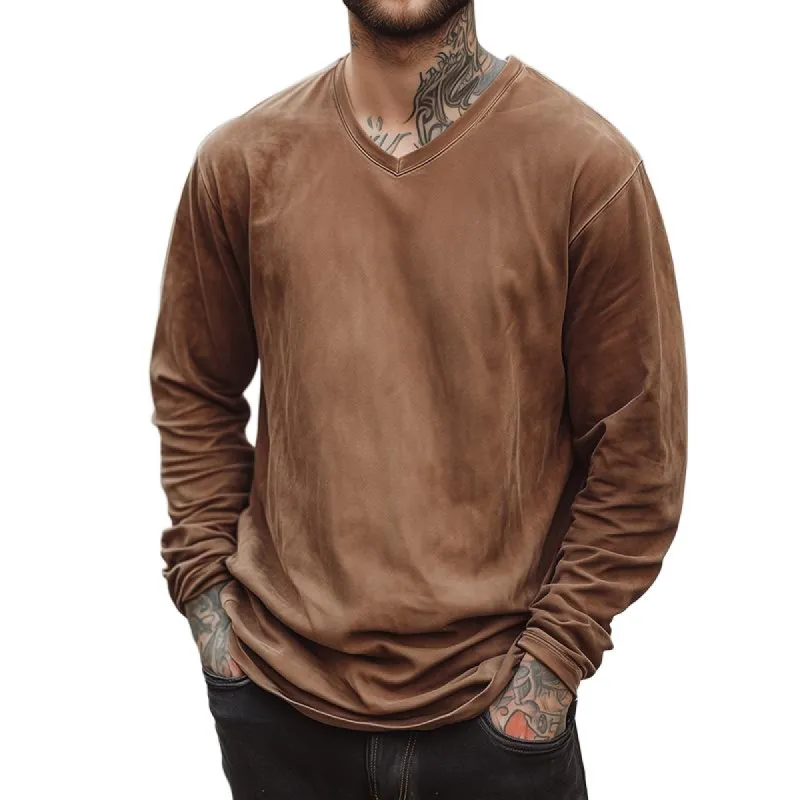 Men's Retro Casual Loose V-Neck Long Sleeve T-Shirt 82995758TO sold by Manly