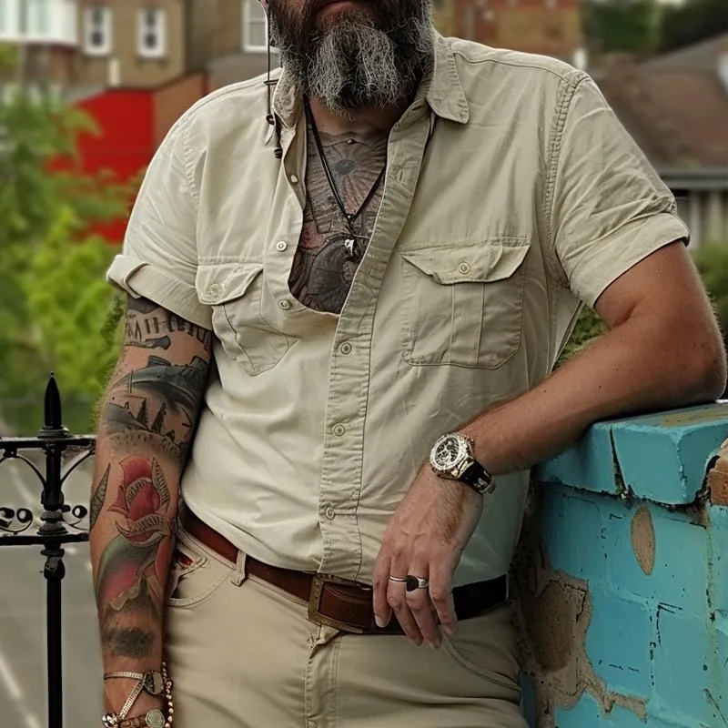 Men's Solid Multi-Pocket Lapel Shirt 80820227X sold by Manly product image thumbnail 2