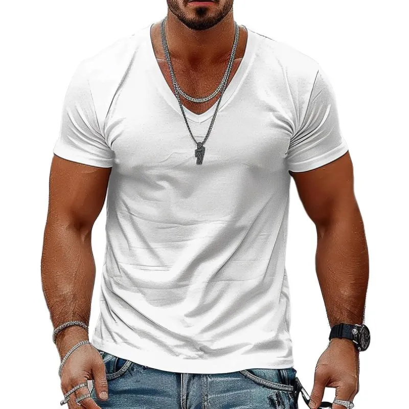 Men's Solid Color Casual V-neck Cotton Short-sleeved T-shirt 98171741X sold by Manly