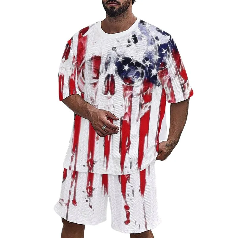 Men's Flag Printed Round Neck Twist Short-sleeved T-shirt, Loose Shorts Two-piece Set 46133546X sold by Manly