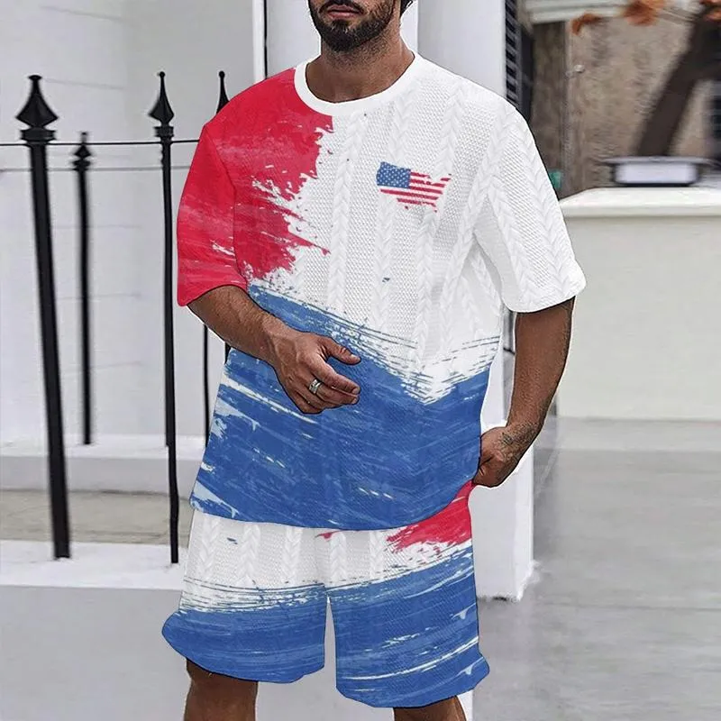 Men's Flag Printed Round Neck Twist Short-sleeved T-shirt, Loose Shorts Two-piece Set 46133546X sold by Manly product image thumbnail 4