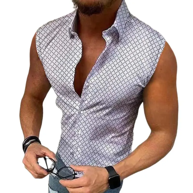 Men's Casual Printed Lapel Short Sleeveless Shirt 43830035TO sold by Manly