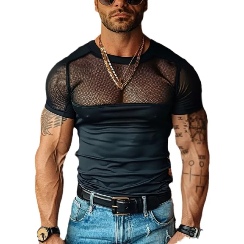Men's Sexy Mesh Patchwork Slim Round Neck Short Sleeve T-Shirt 41293238M sold by Manly