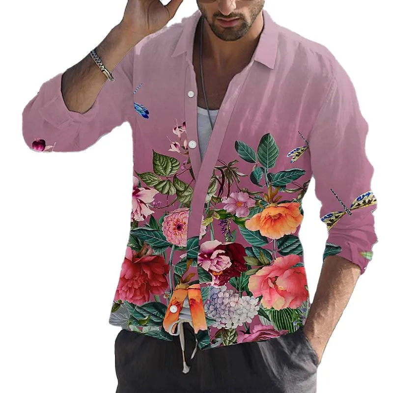 Men's Casual Floral Print Long Sleeve Lapel Shirt 74100382X sold by Manly