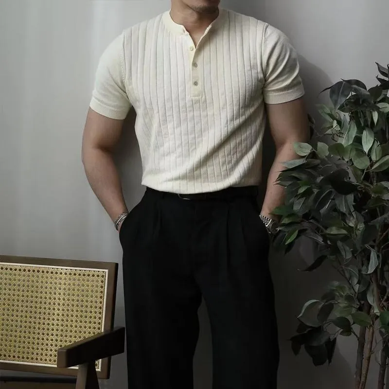 Men's Solid Knitted Striped Henley Collar Short Sleeve T-shirt 32743562Z sold by Manly product image thumbnail 5