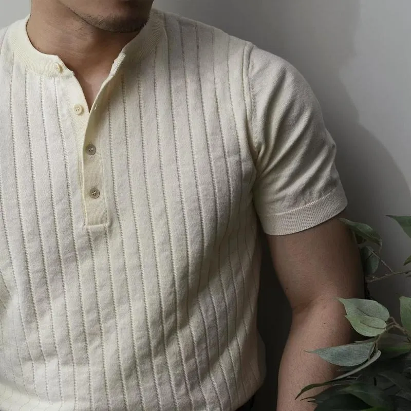 Men's Solid Knitted Striped Henley Collar Short Sleeve T-shirt 32743562Z sold by Manly product image thumbnail 4