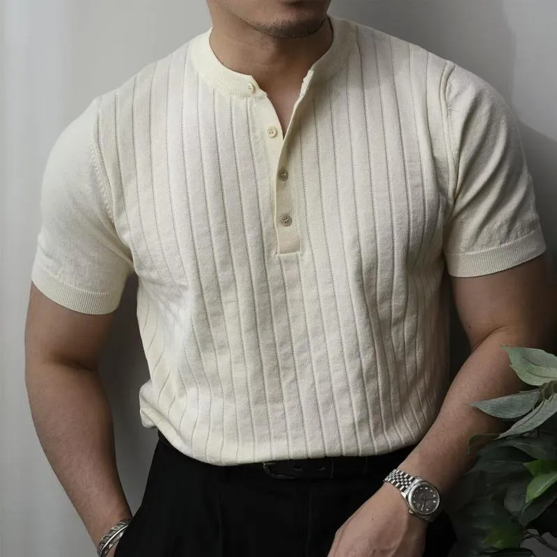 Men's Solid Knitted Striped Henley Collar Short Sleeve T-shirt 32743562Z sold by Manly product image thumbnail 2