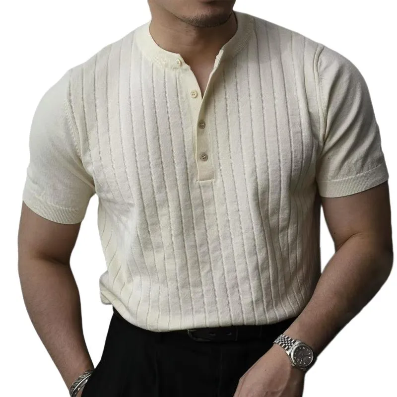 Men's Solid Knitted Striped Henley Collar Short Sleeve T-shirt 32743562Z sold by Manly