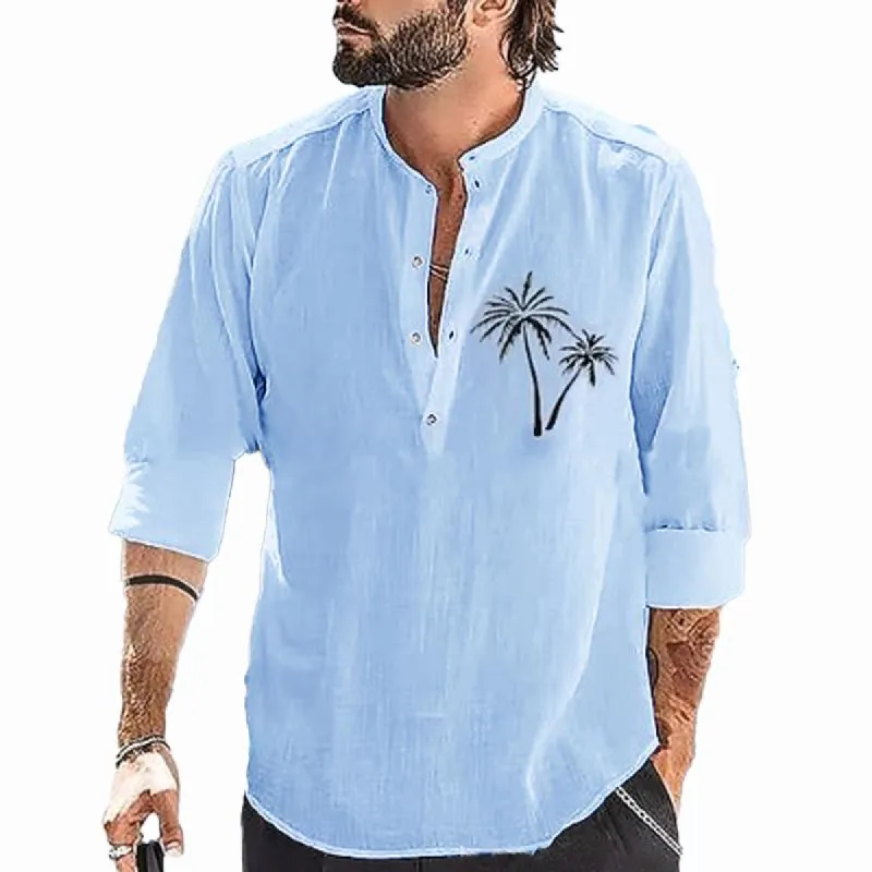 Men's Casual Coconut Print Stand Collar Cotton Linen Long Sleeve Shirt 56820050Y sold by Manly