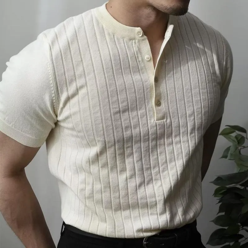 Men's Solid Knitted Striped Henley Collar Short Sleeve T-shirt 32743562Z sold by Manly product image thumbnail 3
