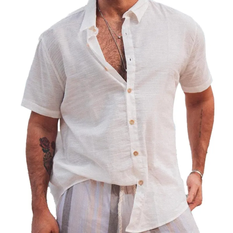 Men's Casual Solid Color Lapel Short Sleeve Shirt 38345752Y sold by Manly