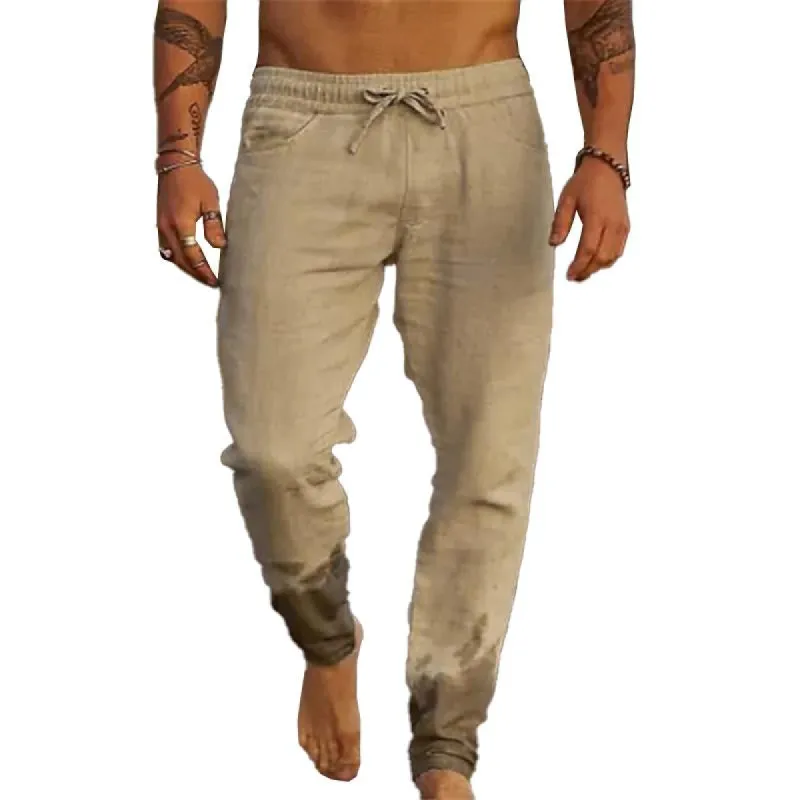 【24-hour shipping out】Men's Casual Solid Color Cotton Blend Drawstring Elastic Waist Loose Beach Pants 31939183M sold by Manly