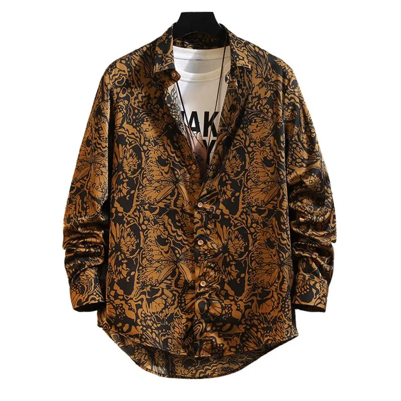 Men's Retro Bottn Blended Print Loose Lapel Long Sleeve Shirt 38607900M sold by Manly