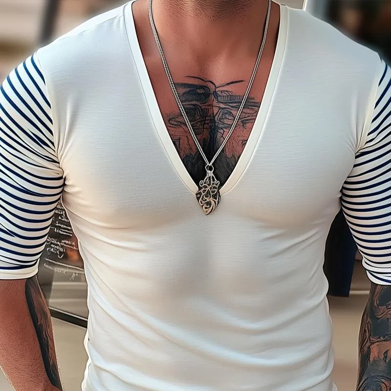 Men's Striped Sleeve Stitching V Neck Long Sleeve Casual T-shirt 85005210Z sold by Manly product image thumbnail 3