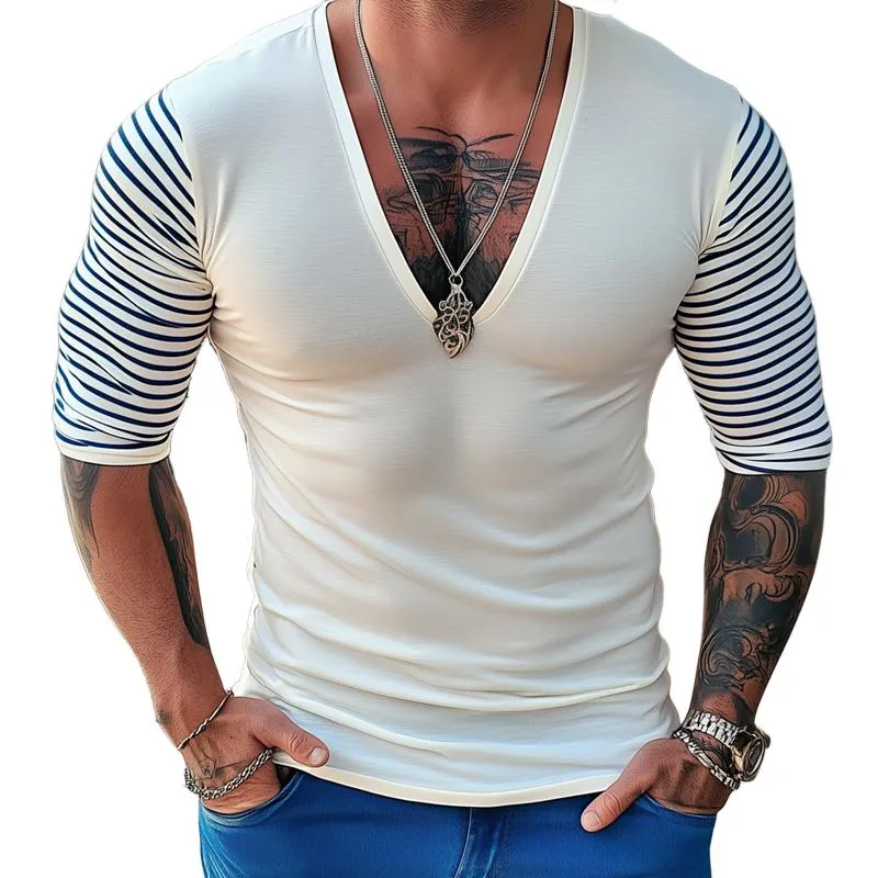 Men's Striped Sleeve Stitching V Neck Long Sleeve Casual T-shirt 85005210Z sold by Manly