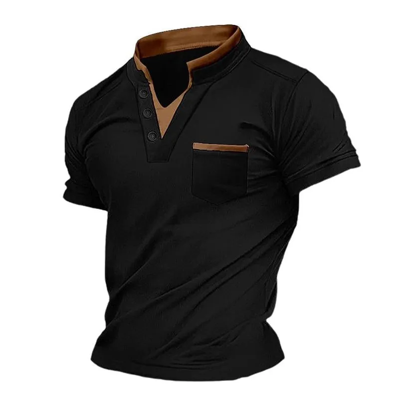 Men's Casual Color Block Pocket Stand Collar Henley Short Sleeve T-Shirt 99787560Y sold by Manly product image thumbnail 4