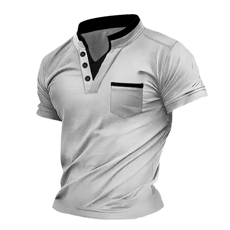 Men's Casual Color Block Pocket Stand Collar Henley Short Sleeve T-Shirt 99787560Y sold by Manly product image thumbnail 3