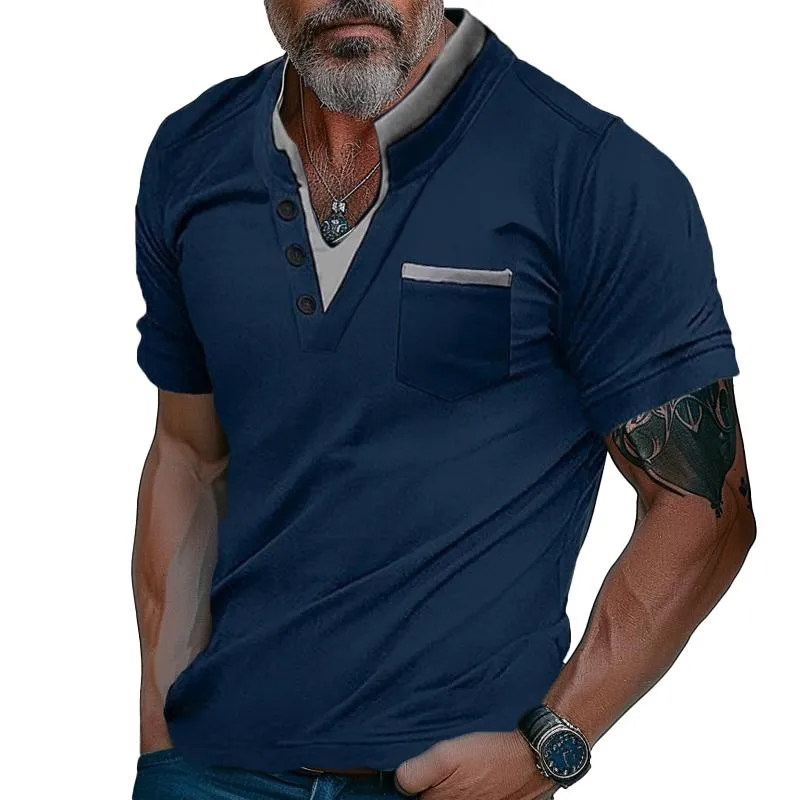 Men's Casual Color Block Pocket Stand Collar Henley Short Sleeve T-Shirt 99787560Y sold by Manly