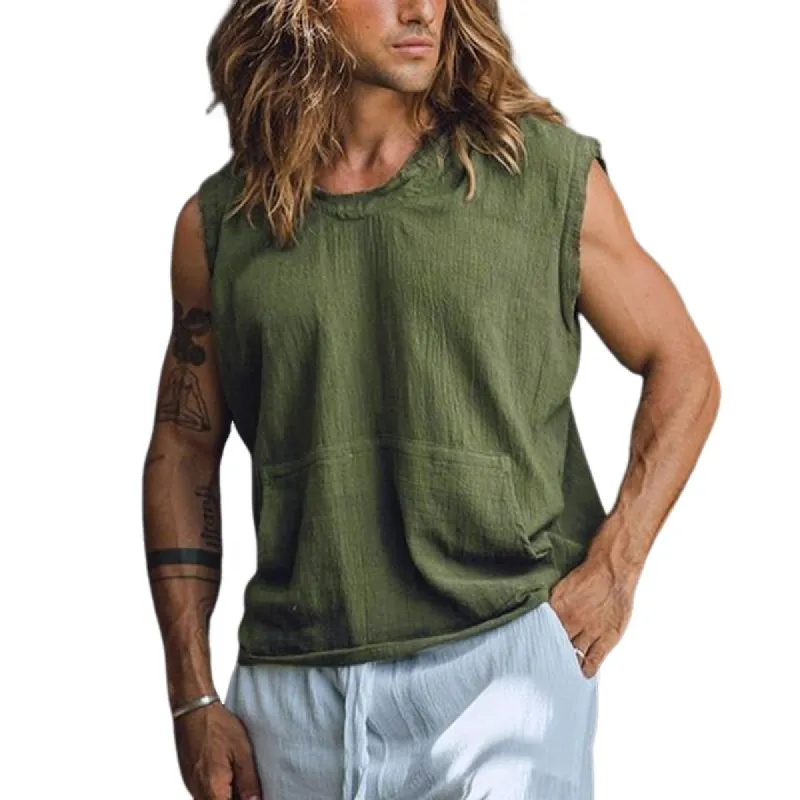 Men's Solid Cotton And Linen Round Neck Pocket Tank Top 01176703Z sold by Manly