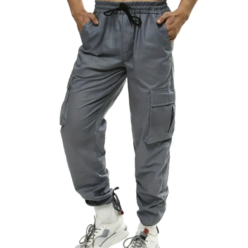 Men's Solid Cotton Elastic Waist Multi-pocket Cargo Pants 93864176Z sold by Manly