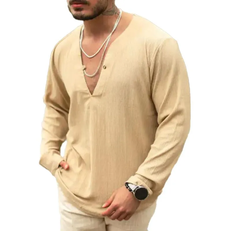 Men's Solid Color V-neck Casual Long-sleeved Shirt 16156852X sold by Manly