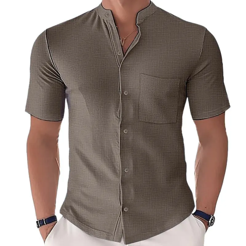 Men's Casual Cotton Linen Patch Pocket Stand Collar Short-Sleeved Slim Shirt 06047395M sold by Manly