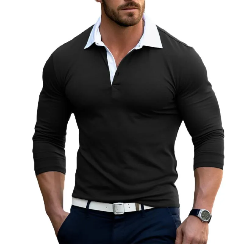 Men's Casual Colorblock Lapel Long Sleeve T-Shirt 63104922TO sold by Manly