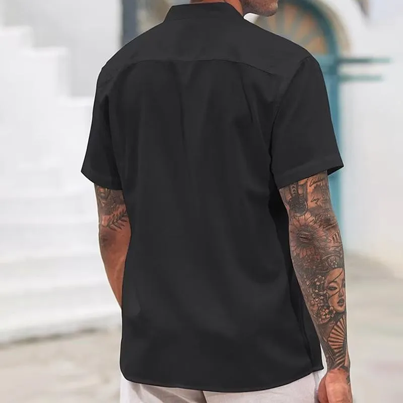 Men's Solid Cotton And Linen Lapel Short Sleeve Shirt 83895917Z sold by Manly product image thumbnail 5