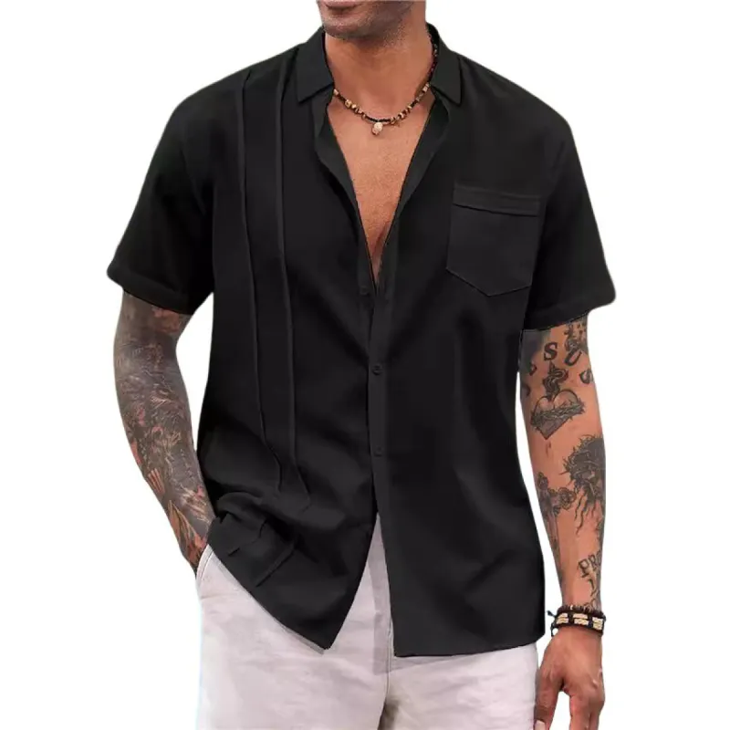 Men's Solid Cotton And Linen Lapel Short Sleeve Shirt 83895917Z sold by Manly