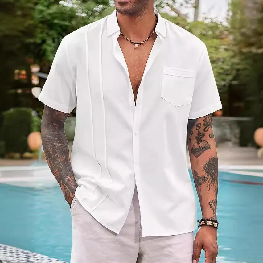 Men's Solid Cotton And Linen Lapel Short Sleeve Shirt 83895917Z sold by Manly product image thumbnail 2