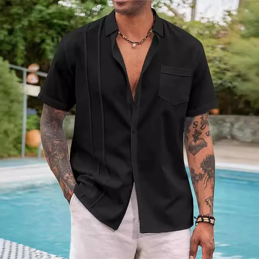 Men's Solid Cotton And Linen Lapel Short Sleeve Shirt 83895917Z sold by Manly product image thumbnail 4