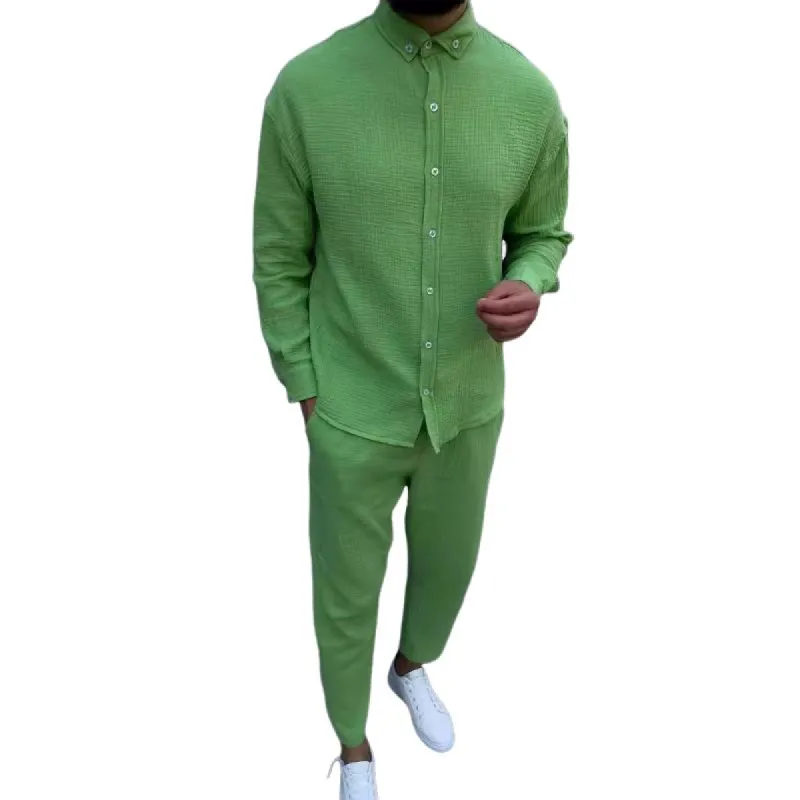 Men's Solid Lapel Long Sleeve Shirt Trousers Loose Casual Set 76157350Z sold by Manly