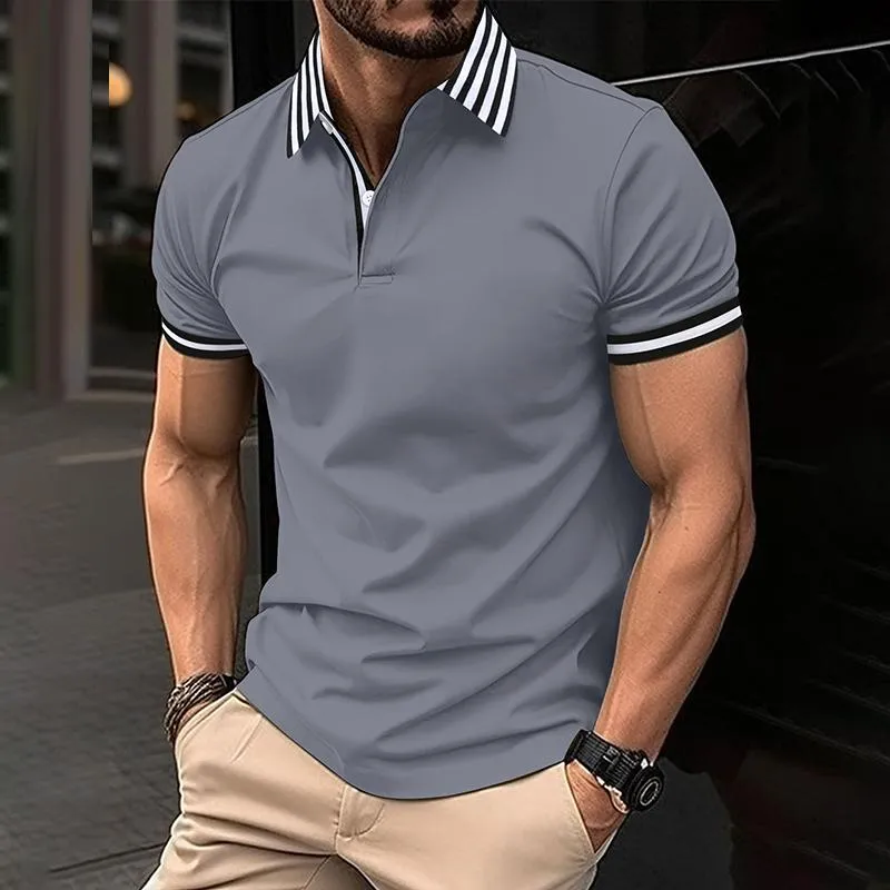 Men's Striped Stitching Lapel Short Sleeve Casual Polo Shirt 40413977Z sold by Manly product image thumbnail 3