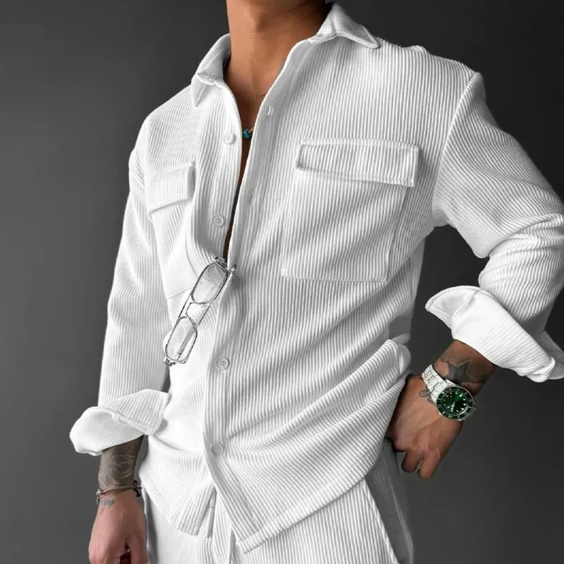 Men's Casual Retro Solid Color Striped Long Sleeve Shirt 33308885TO sold by Manly product image thumbnail 4