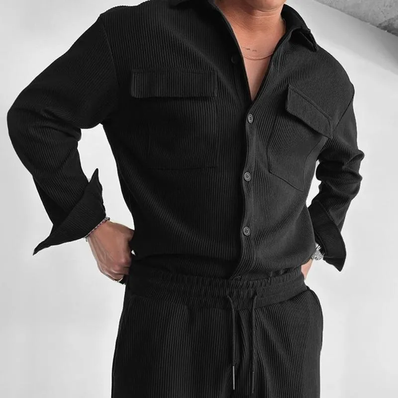 Men's Casual Retro Solid Color Striped Long Sleeve Shirt 33308885TO sold by Manly product image thumbnail 3